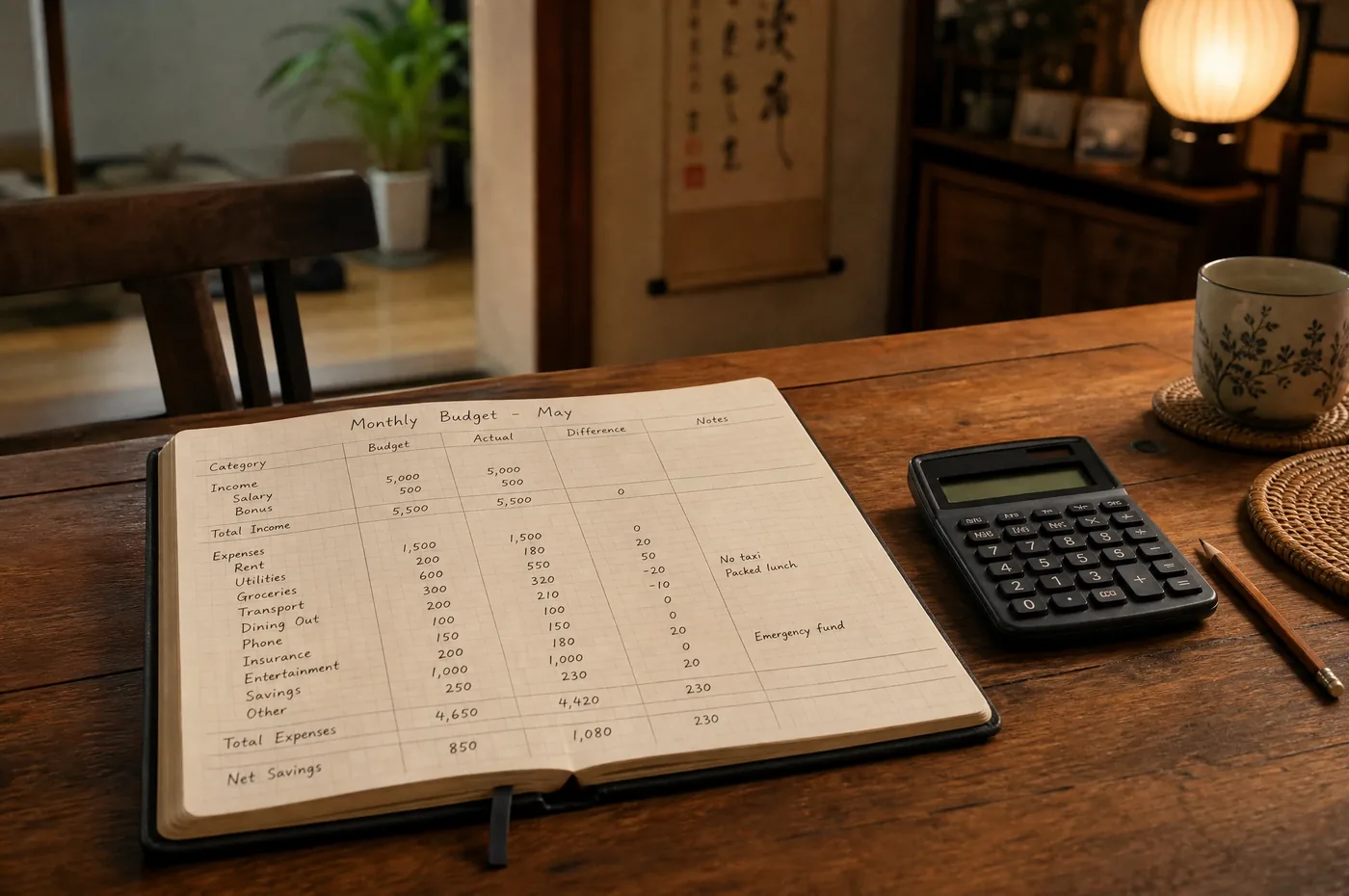 An open notebook with a handwritten monthly budget grid, calculator beside it