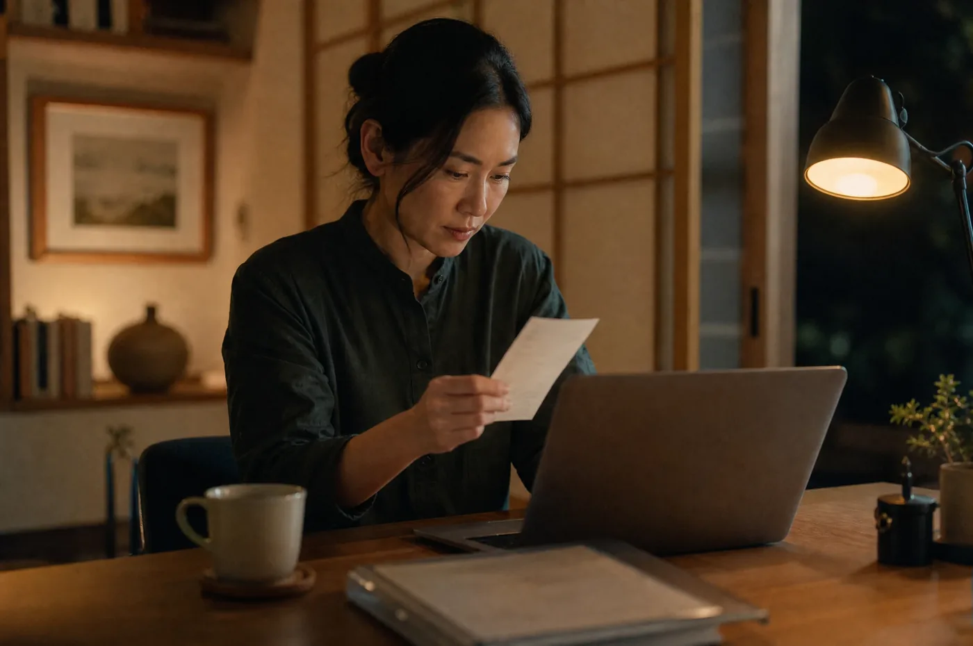 A person at a desk comparing a paper receipt against their records