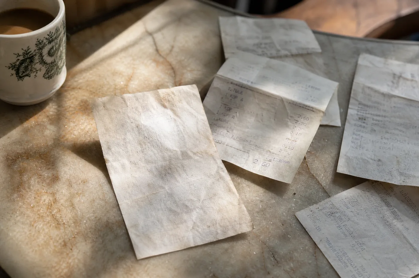 Faded thermal receipts on a kopitiam marble table, one almost completely blank