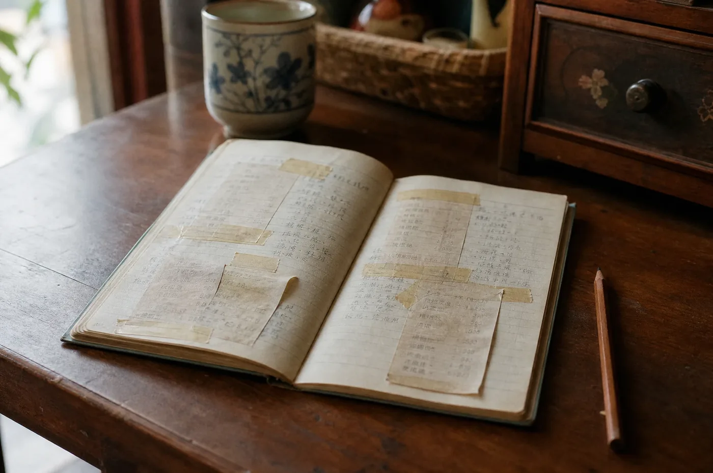 A household notebook with receipts taped inside, their text fading under yellowed tape