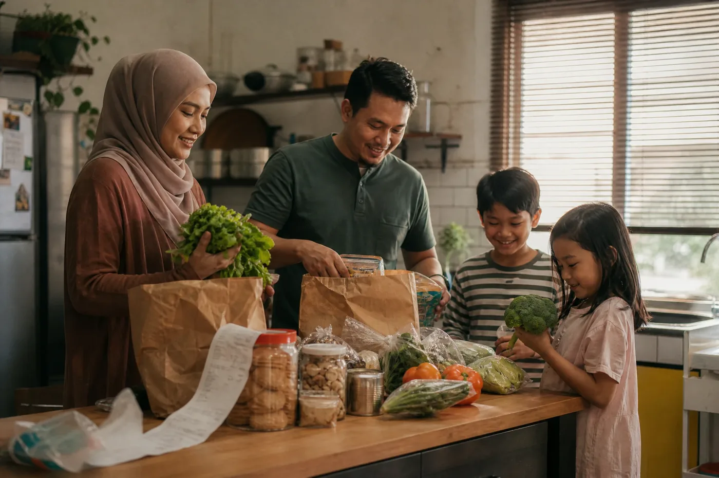 Kaunter dapur keluarga Malaysia, beg runcit sedang dipunggah, resit di atas kaunter
