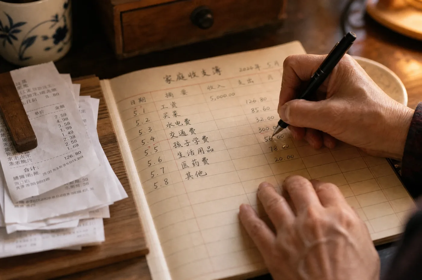 Hands writing amounts into a traditional paper household ledger book
