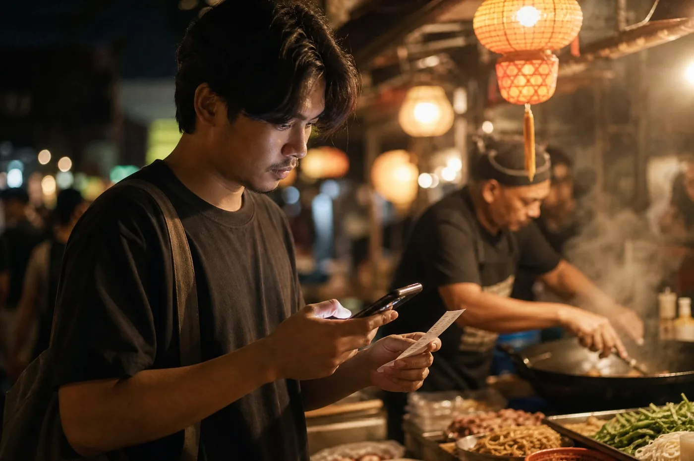 A person scanning a paper receipt with a smartphone at a night market stall