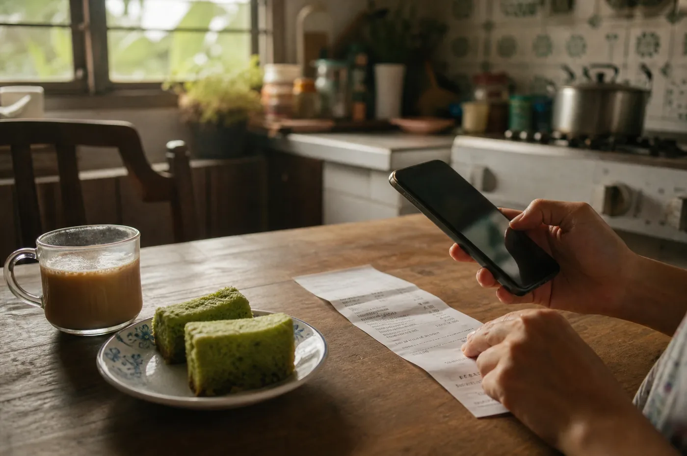 A hand holding a phone over a grocery receipt at a kitchen table, with teh tarik and kuih beside it
