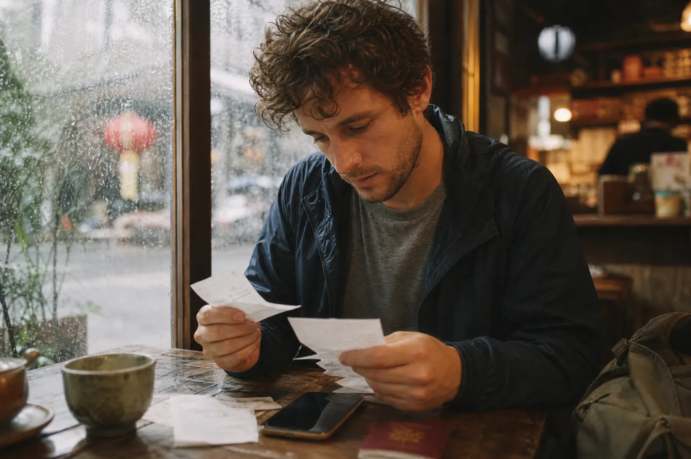 A traveler at a rainy cafe window sorting through paper receipts, passport on the table
