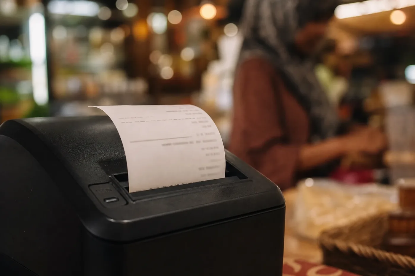 Pencetak resit thermal di kaunter kedai sedang mencetak