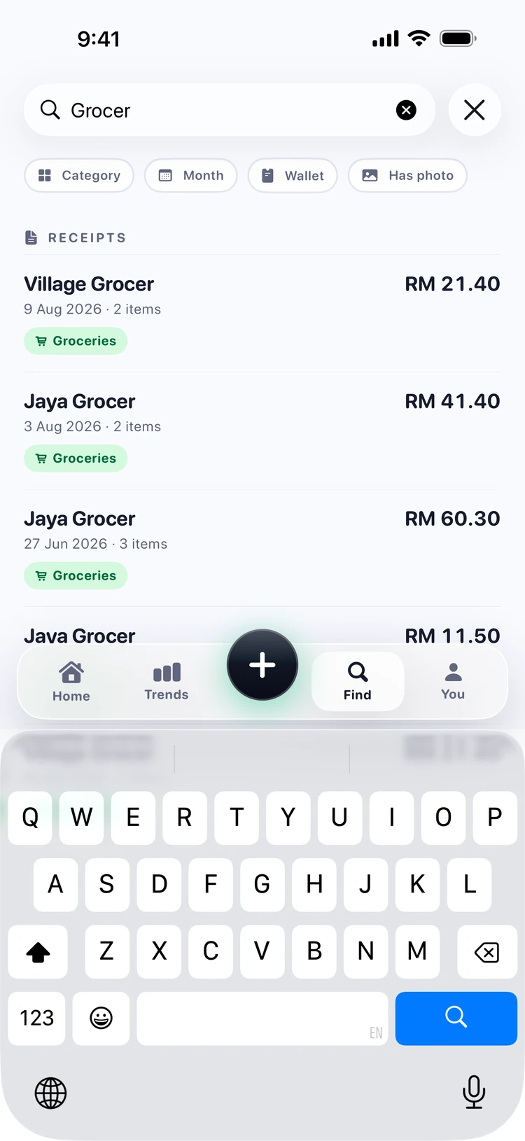 Find: searching for an item returns the receipt it was on and the item's own purchase history