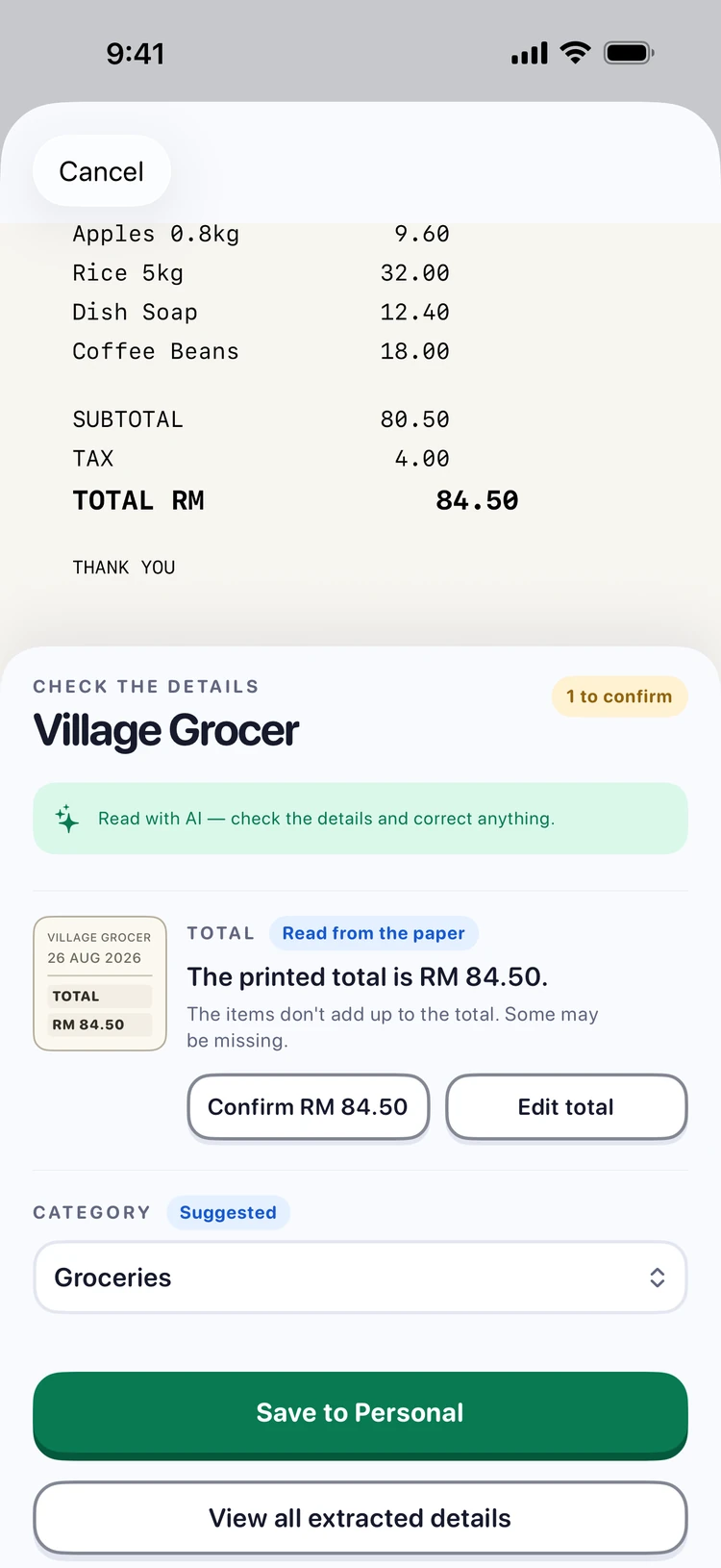 Pip's review screen: the scanned receipt above, and Pip asking to confirm the printed total of RM 84.50 before anything is saved