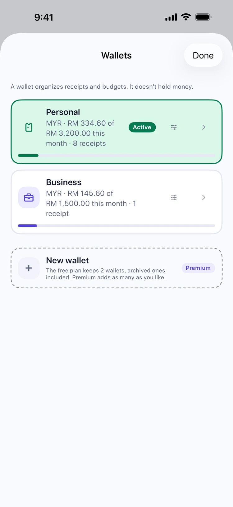 The Wallets screen: a Personal wallet at RM 334.60 of RM 3,200.00 and a Business wallet at RM 145.60 of RM 1,500.00, each with its own budget bar
